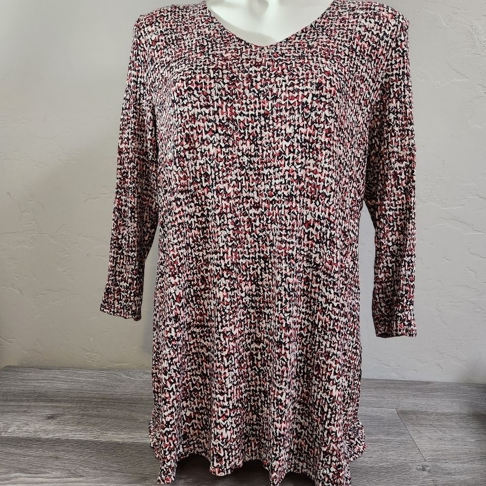 J Jill Wearable Collection Red Black Tunic Size M Stretchy‎ Button Back Detail